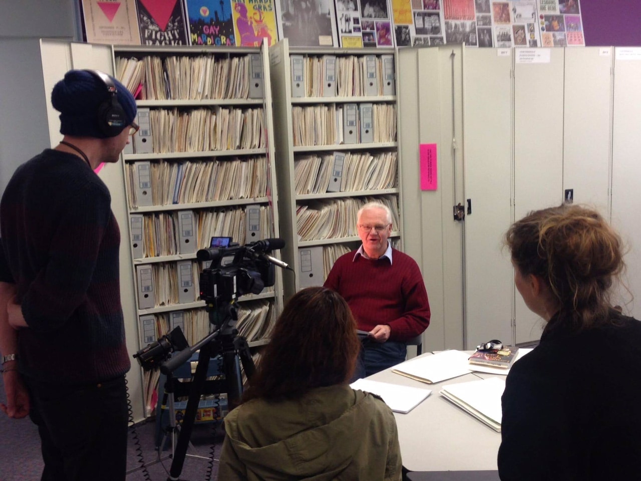 Graham Carbery being interviewed at the Archives for the Victorian Equal Opportunity and Human Rights Commission's 'Pride Not Prejudice' video series, ALGA Reading Room, South Yarra, September 2015
