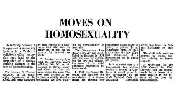 Moves on homosexuality, The Canberra Times (Canberra, ACT), 4 July 1969 p.1, Newspaper Clippings Collection [600 x 350]