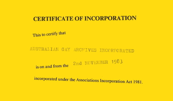 Certificate of incorporation, 1983, Records of ALGA – Feature Web