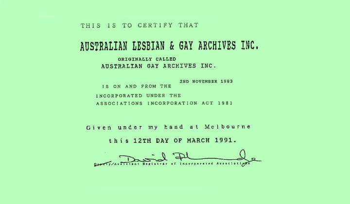 Certificate of incorporation, 1991, Records of ALGA – Feature Web