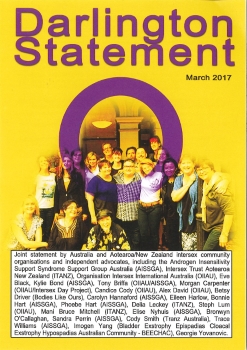 Darlington statement: Joint consensus statement from the intersex community retreat in Darlington / Eve Black, et al ([Sydney: Androgen Insensitivity Support Syndrome Support Group Australia (AISSGA), Intersex Trust Aotearoa New Zealand (ITANZ), Organisation Intersex International Australia (OIIAU), Bladder Exstrophy Epispadias Cloacal Exstrophy Hypospadias Australian Community – BEECHAC], March 2017)