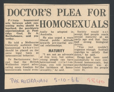 Doctor’s plea for homosexuals, The Australian (Sydney), 5 October 1966