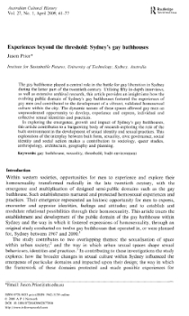 Experiences beyond the threshold : Sydney’s gay bathhouses / Jason Prior (Routledge) Australian Cultural History v. 27 n.1, Apr 2009