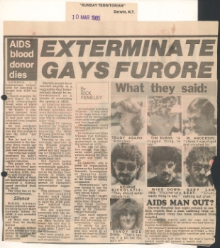 Exterminate gays furore, Sunday Territorian (Darwin) 10 March 1985