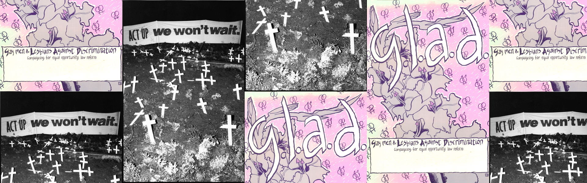 G.L.A.D. – unidentified artist (Melbourne, Vic : Gay Men and Lesbians Against Discrimination, c.1990), D671 and ‘ACT UP : we won’t wait’ banner at Floral Clock D Day protest, Melbourne, 1990, (photo: John Willis)