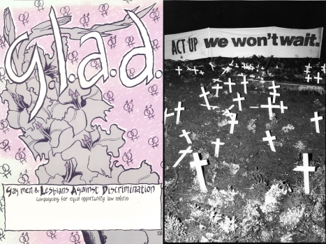 G.L.A.D. – unidentified artist (Melbourne, Vic : Gay Men and Lesbians Against Discrimination, c.1990), D671 and ‘ACT UP : we won’t wait’ banner at Floral Clock D Day protest, Melbourne, 1990, (photo: John Willis)