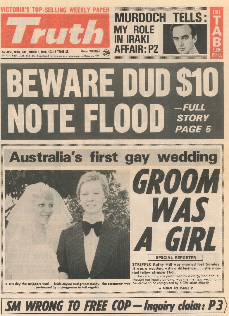 Groom was a girl, Australia's first gay wedding, Truth (Melbourne), 6 March 1976, p.1