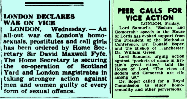 London declares war on vice, The Canberra Times (Canberra, ACT), 29 October 1953 and Peer calls for vice action, The Canberra Times (Canberra, ACT), 7 November 1953, p2, Newspaper clipping collection