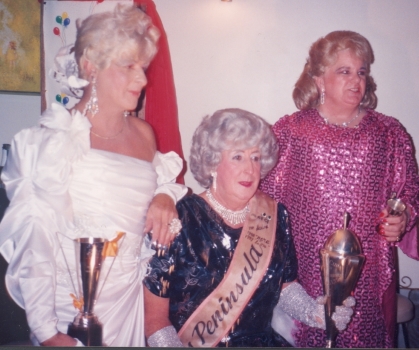 Maggie(?) seated in Miss Peninsula sash with Samantha and Honky Tonk, [1991], (Photo: unidentified photographer) BB-04d