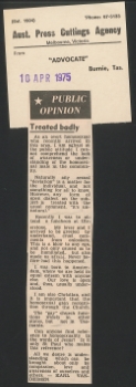 Public opinion – Treated badly, Advocate (Burnie), 10 April 1975