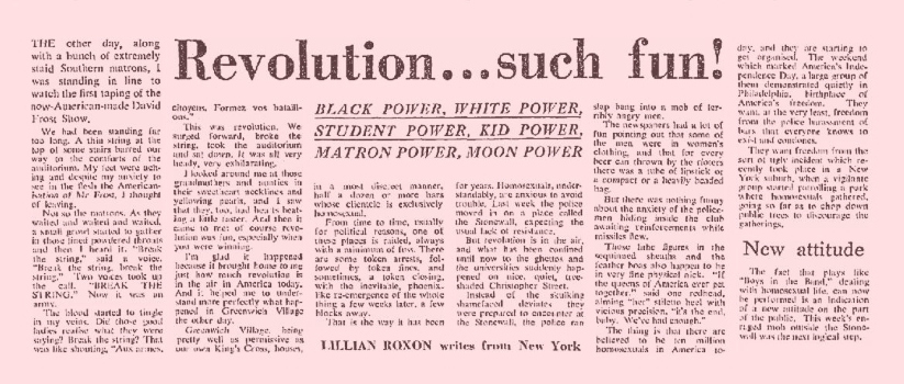 Revolution… such fun / Lillian Roxon, Sydney Morning Herald (Sydney, NSW), 16 July 1969, p2, Newspaper Clipping Collection