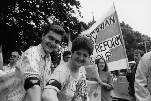 Rodney Croome and unidentified person at Tasmanian Gay and Lesbian Rights Group demonstration, Hobart, 1988,  (Photo: Bryony Nainby), Photograph Collection 90-65b