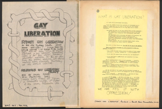 Scrapbook compiled by John Lee relating to Sydney Gay Liberation, 1970-1973, p32-33, Papers of Terrence (Terry) Bell
