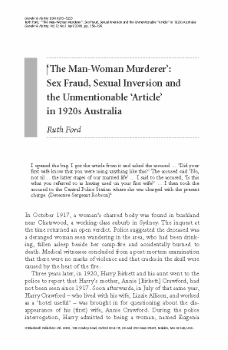 “The Man-Woman Murderer”: Sex Fraud, Sexual Inversion and the Unmentionable “Article” in 1920s Australia / Ruth Ford ([Oxford] : Blackwell Publishers) Gender & History, v.12 n.1 April 2000, pp. 158–196